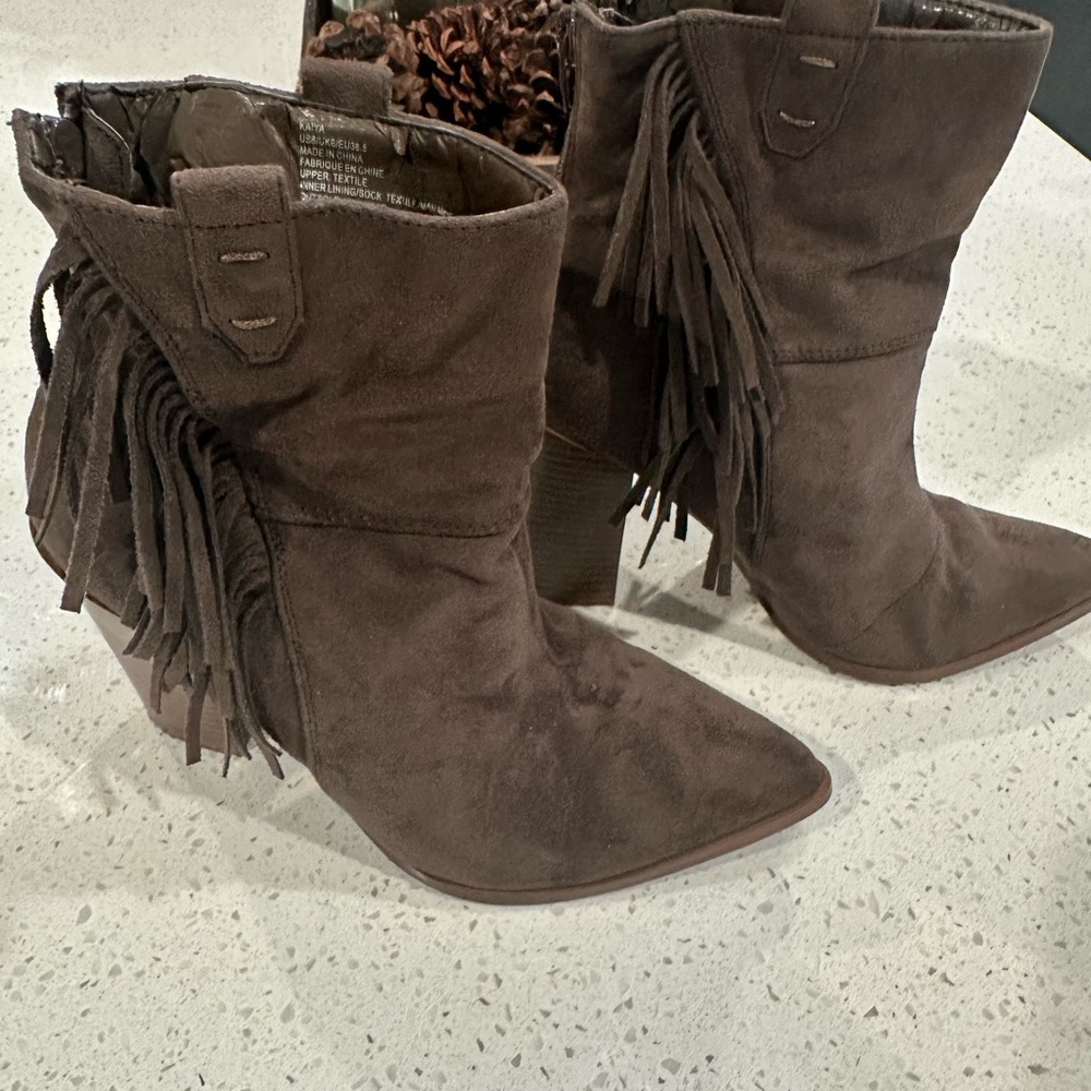 JustFab Brown Fringe Heeled Boots